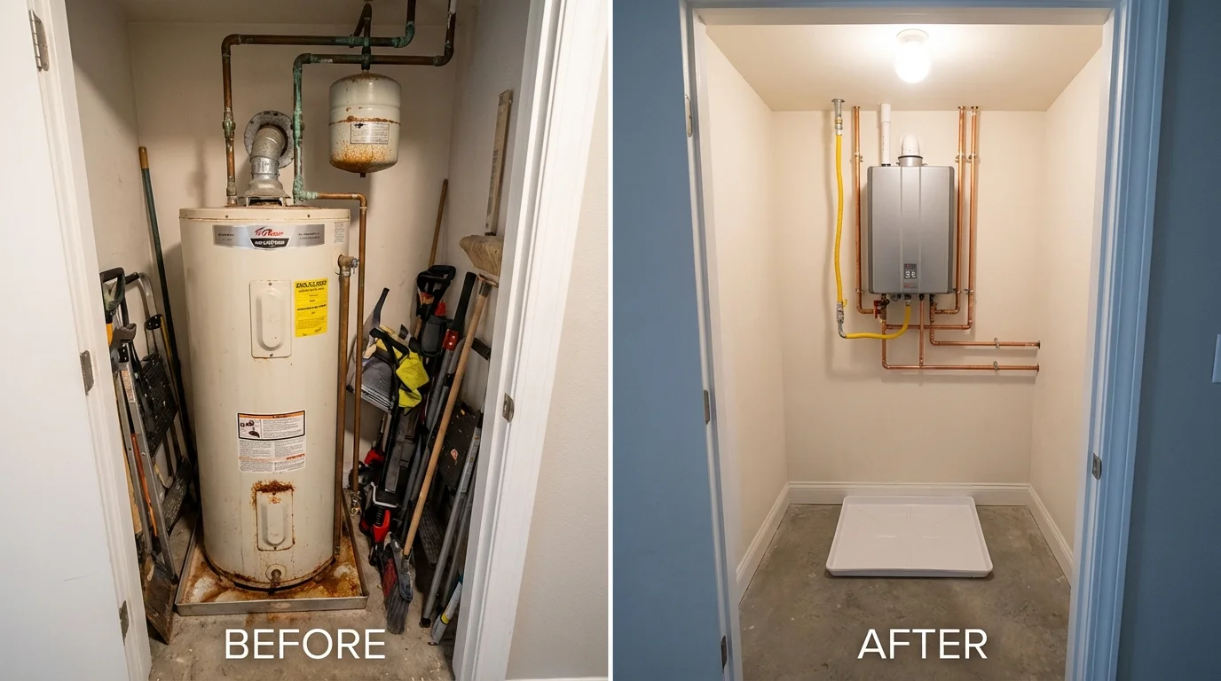 Tank water heater versus wall-mounted tankless unit comparison for Perkasie, PA homeowners