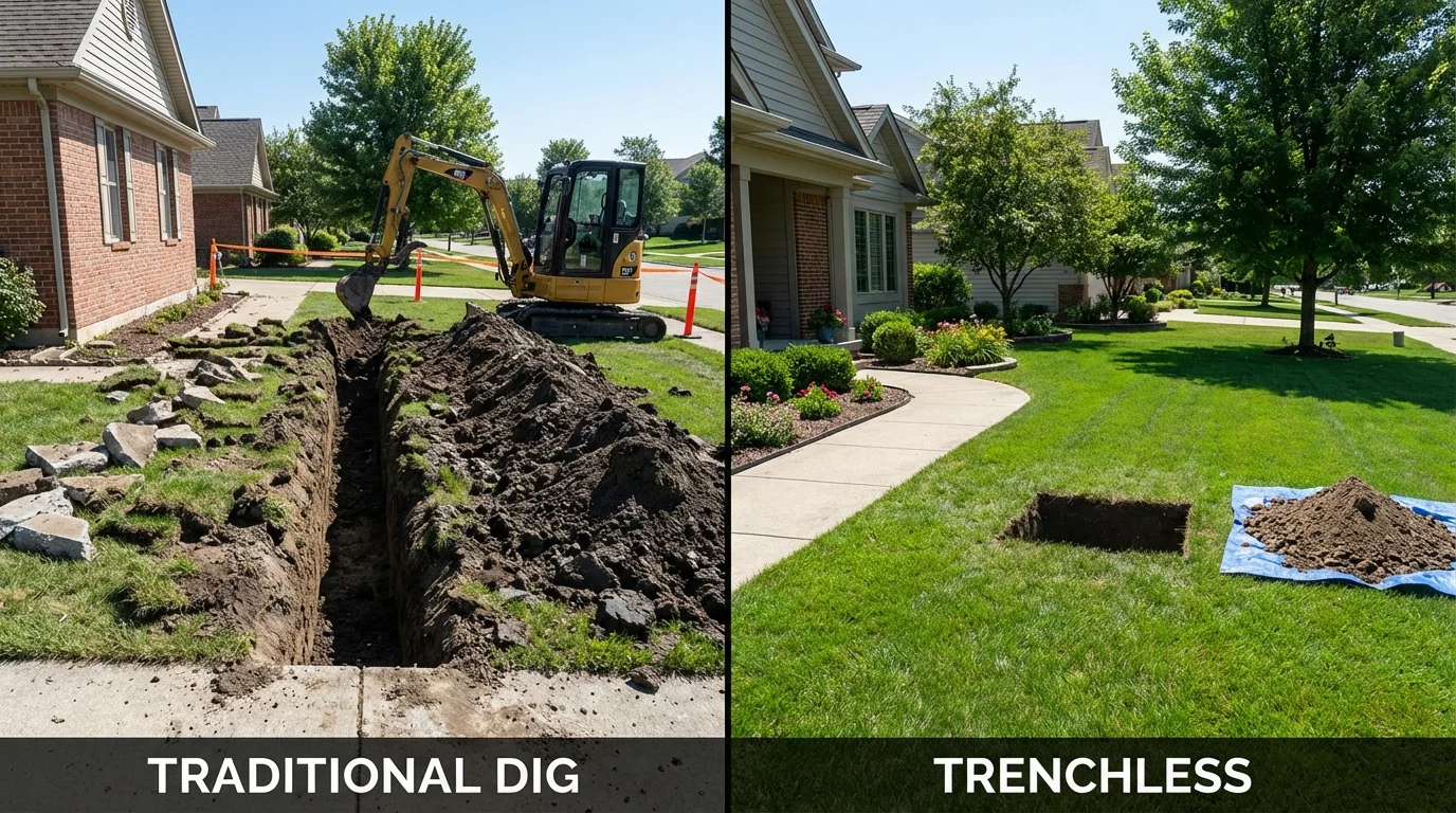 Trenchless sewer repair with minimal yard damage versus traditional excavation in Perkasie, PA