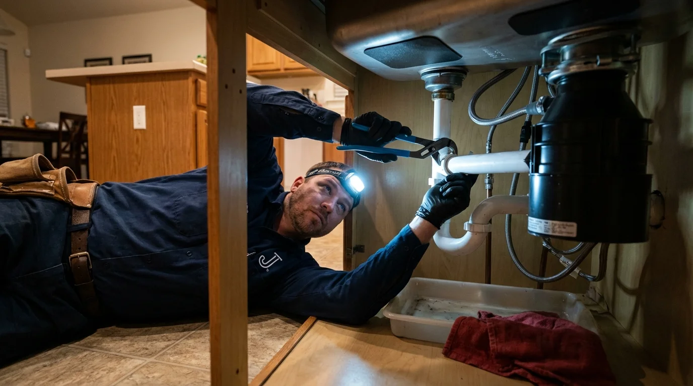 P-trap and supply line connections under a kitchen sink showing a common leak point in Perkasie, PA